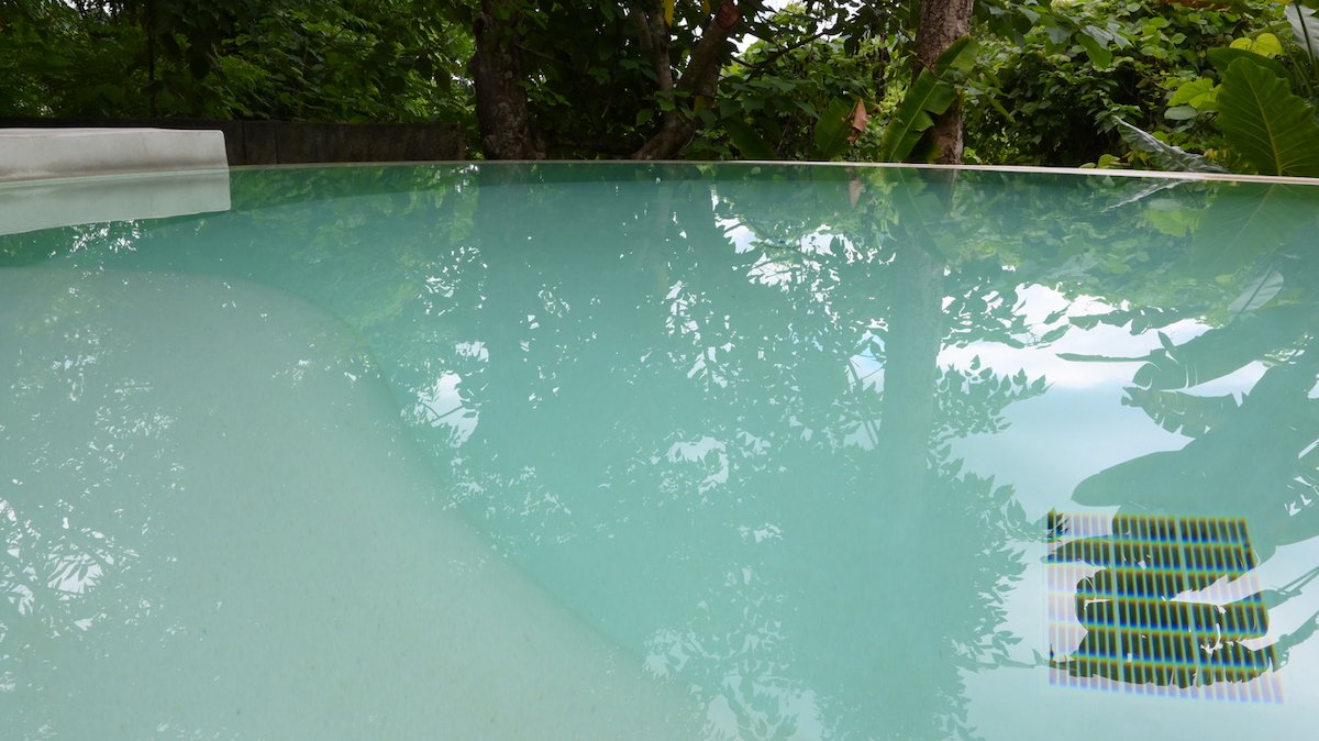 Real photograph of a backyard swimming pool with mildly cloudy blue water