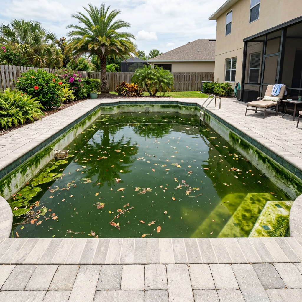 Neglected backyard pool in St. Augustine, FL with dark green algae-filled water