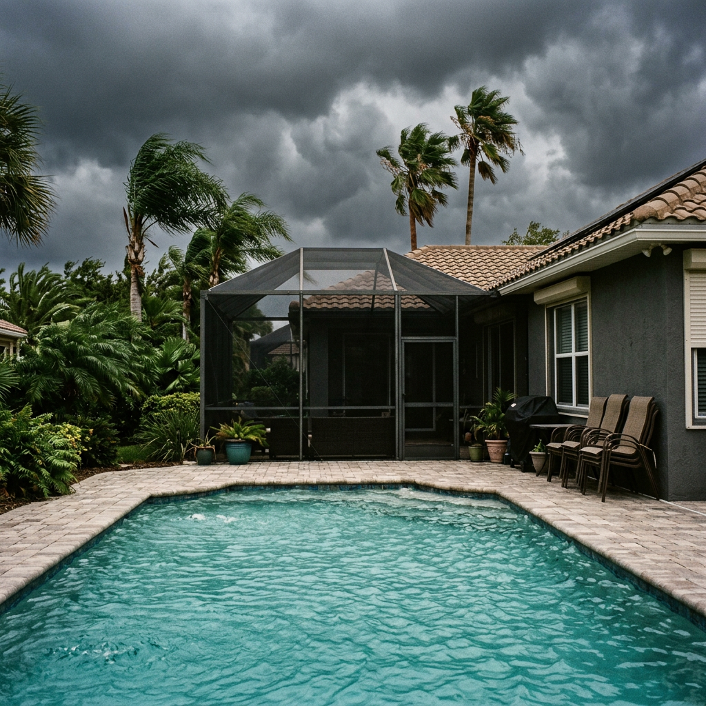 Florida backyard swimming pool under dark storm clouds with palm trees bending in the wind before a hurricane