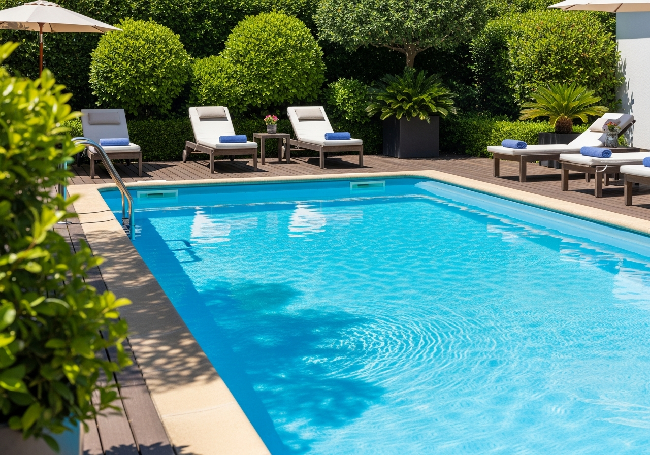 Sparkling, well-maintained residential backyard pool after a cleaning visit