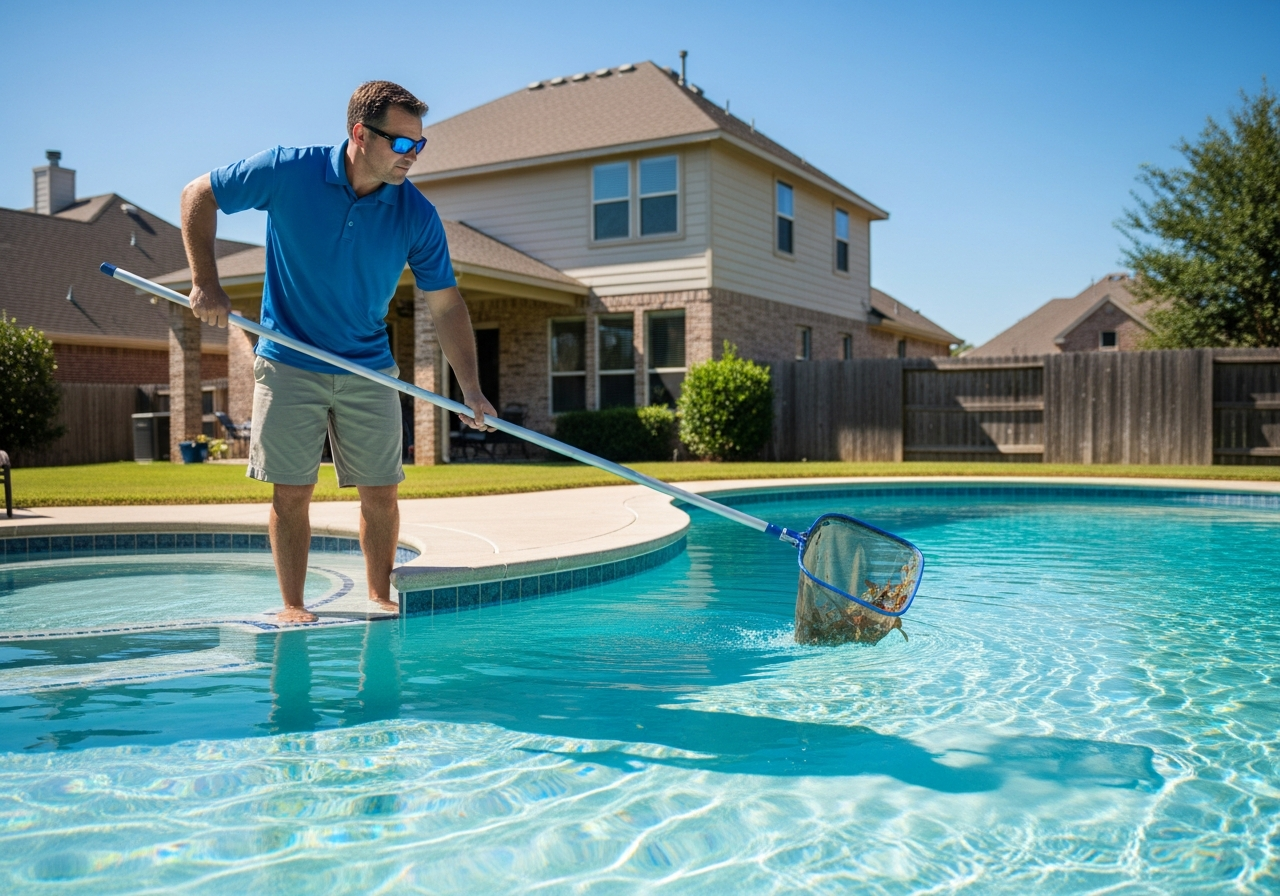 Technician skimming a residential backyard pool in St. Augustine