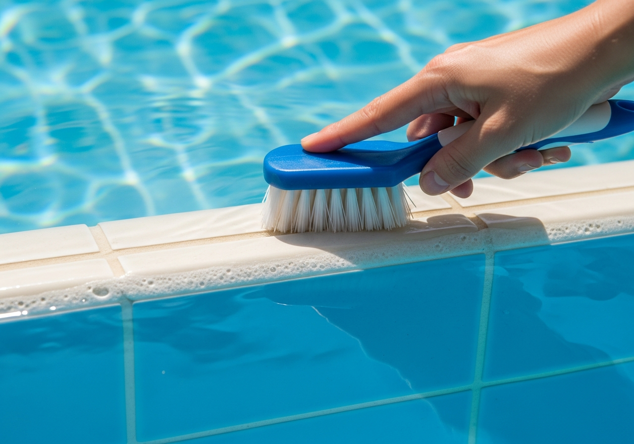 Calcium scale being removed from pool waterline tile in St. Augustine